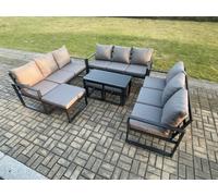 Fimous Aluminium Outdoor Garden Furniture Set Lounge Sofa Oblong Coffee Table 3 Footstools Sets With Cushions Dark Grey