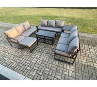 Fimous Aluminium Outdoor Garden Furniture Set Lounge Sofa Oblong Coffee Table 3 Footstools Side Table Sets with Cushions Dark Grey 12 Seater