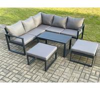 Fimous Aluminium Outdoor Garden Furniture Set Lounge Sofa Oblong Coffee Table Sets with 2 Big Footstool Indoor Conservatory Set Dark Grey