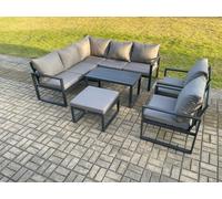 Fimous Aluminium Outdoor Garden Furniture Set Lounge Sofa Oblong Coffee Table Sets with 2 Pcs Chair Big Footstool Indoor Conservatory Set in Dark Grey Fimous Dark Grey
