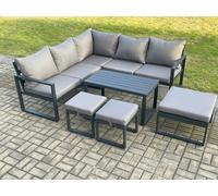 Fimous Aluminium Outdoor Garden Furniture Set Lounge Sofa Oblong Coffee Table Sets with 3 Footstools Indoor Conservatory Set Dark Grey