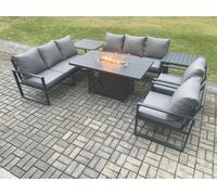 Fimous Aluminium Outdoor Garden Furniture Set Patio Lounge Sofa Gas Fire Pit Dining Table Set with 2 Side Tables Dark Grey Fimous Dark Grey