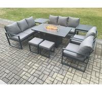 Fimous Aluminium Outdoor Garden Furniture Set Patio Lounge Sofa Gas Fire Pit Dining Table Set with 2 Small Footstools 2 Side Tables in Dark Grey Fimous Dark Grey
