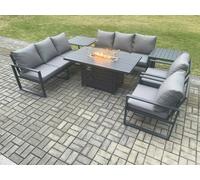 Fimous Aluminium Outdoor Garden Furniture Set Patio Lounge Sofa Gas Fire Pit Dining Table Set with 2 Side Tables Dark Grey