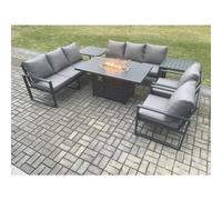 Fimous Aluminium Outdoor Garden Furniture Set Patio Lounge Sofa Gas Fire Pit Dining Table Set with 2 Side Tables Dark Grey