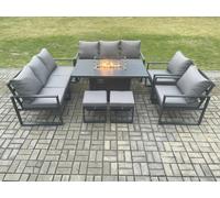 Fimous Aluminium Outdoor Garden Furniture Set Patio Lounge Sofa Gas Fire Pit Dining Table Set with 2 Small Footstools Dark Grey Fimous Dark Grey