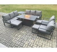 Fimous Aluminium Outdoor Garden Furniture Set Patio Lounge Sofa Gas Fire Pit Dining Table Set with 3 Footstools Side Table Dark Grey Fimous Dark Grey