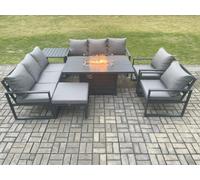 Fimous Aluminium Outdoor Garden Furniture Set Patio Lounge Sofa Gas Fire Pit Dining Table Set with Big Footstool Dark Grey