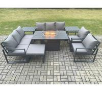Fimous Aluminium Outdoor Garden Furniture Set Patio Lounge Sofa Gas Fire Pit Dining Table Set with Big Footstool 2 Dark Grey