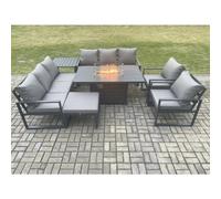 Fimous Aluminium Outdoor Garden Furniture Set Patio Lounge Sofa Gas Fire Pit Dining Table Set with Big Footstool Side Table Dark Grey