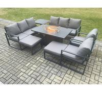 Fimous Aluminium Outdoor Garden Furniture Set Patio Lounge Sofa Gas Fire Pit Dining Table Set with Side Table 2 Big Footstools Dark Grey
