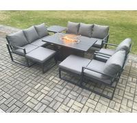 Fimous Aluminium Outdoor Garden Furniture Set Patio Lounge Sofa Gas Fire Pit Dining Table Set with Side Table 2 Big Footstools Dark Grey Fimous Dark Grey
