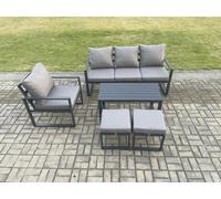 Fimous Aluminium Outdoor Garden Furniture Set Patio Lounge Sofa With Oblong Coffee Table 2 Small Footstools Armchair Dark Grey