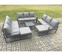Fimous Aluminium Outdoor Garden Furniture Set Patio Lounge Sofa with Square Coffee Table 2 Big Footstools Conservatory Set Dark Grey