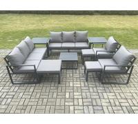 Fimous Aluminium Outdoor Garden Furniture Set Patio Lounge Sofa with Square Coffee Table 2 Side Tables 2 Armchairs 3 Footstools Dark Grey