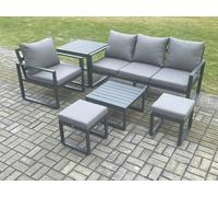 Fimous Aluminium Outdoor Garden Furniture Set Sofa Chair Set with Square Coffee Table Side Table 2 Small Footstools Dark Grey