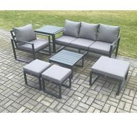 Aluminium Outdoor Garden Furniture Set Lounge Sofa Chair Square Coffee Table Sets with Side Table 3 Footstools Conservatory Set Fimous Dark Grey One Size