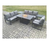 Fimous Aluminium Outdoor Lounge Sofa Garden Furniture Sets Gas Fire Pit Dining Table Set with 2 Side Tables Dark Grey
