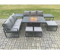 Fimous Aluminium Outdoor Lounge Sofa Garden Furniture Sets Gas Fire Pit Dining Table Set with 3 Footstools 2 Side Tables Dark Grey Fimous Dark Grey
