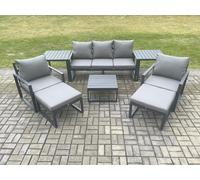 Fimous Aluminium Outdoor Lounge Sofa Set Garden Furniture Sets with Square Coffee Table 2 Chairs 2 Big Footstools 2 Dark Grey 7 Seater