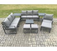 Fimous Aluminium Outdoor Lounge Sofa Set Garden Furniture Sets with Square Coffee Table Chair 3 Footstools 2 Side Tables Dark Grey Fimous Dark Grey