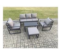 Fimous Aluminium Patio Outdoor Furniture Set 6 Seater Garden Sofa with Oblong Coffee Table Big Footstool 2 Armchairs Dark Grey