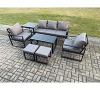 Fimous Aluminium Patio Outdoor Furniture Set 7 Seater Garden Sofa with Oblong Coffee Table 2 Small Footstools 2 Armchairs Dark Grey