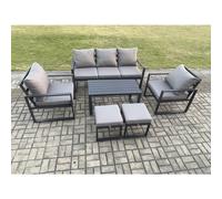 Fimous Aluminium Patio Outdoor Furniture Set 7 Seater Garden Sofa with Oblong Coffee Table 2 Small Footstools 2 Armchairs Dark Grey