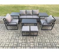 Fimous Aluminium Patio Outdoor Furniture Set 8 Pcs Garden Sofa With Coffee Table 2 Footstools 2 Armchairs 2 Side Tables Dark Grey