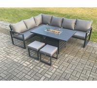 Fimous Aluminium Patio Outdoor Garden Furniture Corner Sofa Set Gas Fire Pit Dining Table with 2 Small Footstools Dark Grey Fimous Dark Grey