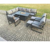 Fimous Aluminium Patio Outdoor Garden Furniture Corner Sofa Set Gas Fire Pit Dining Table with 3 Chairs 2 Small Footstools Dark Grey