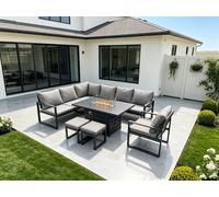 Fimous Aluminium Patio Outdoor Garden Furniture Corner Sofa Set Gas Fire Pit Dining Table with Chair Small Footstools Dark Grey Fimous Dark Grey