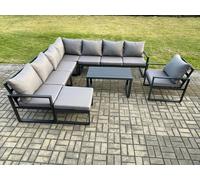 Fimous Aluminium Patio Outdoor Garden Furniture Lounge Corner Sofa Set with Oblong Coffee Table Big Footstool Chair Dark Grey