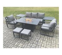 Fimous Aluminium Patio Outdoor Garden Furniture Lounge Sofa Set Gas Fire Pit Dining Table with 2 2 Small Footstools Dark Grey