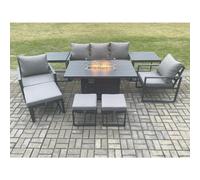 Fimous Aluminium Patio Outdoor Garden Furniture Lounge Sofa Set Gas Fire Pit Dining Table with 2 Side Tables 3 Footstools Dark Grey