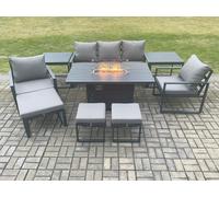 Aluminium Patio Outdoor Garden Furniture Lounge Sofa Set Gas Fire Pit Dining Table with 2 Side Tables 3 Footstools Dark Grey Fimous Dark Grey One Size