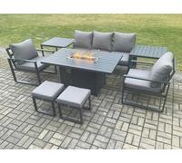 Fimous Aluminium Patio Outdoor Garden Furniture Lounge Sofa Set Gas Fire Pit Dining Table with 2 2 Small Footstools Dark Grey