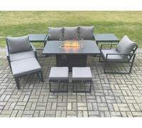 Aluminium Patio Outdoor Garden Furniture Lounge Sofa Set Gas Fire Pit Dining Table with 2 Side Tables 3 Footstools Dark Grey Fimous Dark Grey One Size