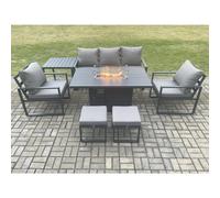 Aluminium Patio Outdoor Garden Furniture Lounge Sofa Set Gas Fire Pit Dining Table with Side Table 2 Small Footstools Dark Grey Fimous Dark Grey One Size