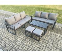 Fimous Aluminium Patio Outdoor Garden Furniture Lounge Sofa Set with Oblong Coffee Table 2 Small Footstools Dark Grey