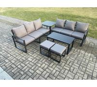Fimous Aluminium Patio Outdoor Garden Furniture Lounge Sofa Set with Oblong Coffee Table 2 Small Footstools Dark Grey