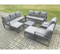 Fimous Aluminium Patio Outdoor Garden Furniture Lounge Sofa Set with Square Coffee Table 2 Chairs 2 Big Footstools Dark Grey