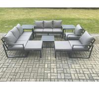 Fimous Aluminium Patio Outdoor Garden Furniture Lounge Sofa Set with Square Coffee Table 2 Chairs 2 Side Tables 2 Big Footstool Dark Grey