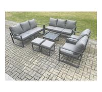 Fimous Aluminium Patio Outdoor Garden Furniture Lounge Sofa Set with Square Coffee Table 2 Chairs 2 Small Footstool Dark Grey