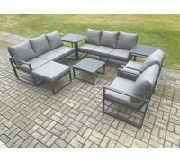 Fimous Aluminium Patio Outdoor Garden Furniture Lounge Sofa Set with Square Coffee Table 2 Chairs Big Footstool 2 Side Tables Dark Grey