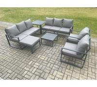 Fimous Aluminium Patio Outdoor Garden Furniture Lounge Sofa Set with Square Coffee Table 2 Chairs Big Footstool Dark Grey