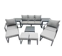 Fimous Outdoor Garden Furniture Set Aluminium Lounge Sofa Square Coffee Table Sets with 4 Stools 2 Side Tables Dark Grey