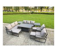 Fimous 10 Piece Garden Furniture Set 11-Seater Aluminium Outdoor Dining Set with Adjustable Rising Lifting Dining Table & Cushions 2 Side Tables 3 Foo