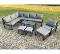 Fimous Aluminum 10 Seater Outdoor Lounge Corner Sofa Set Garden Furniture Sets with Oblong Coffee Table Chair 3 Footstools Dark Grey Fimous Dark Grey