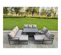 Fimous Garden Aluminium Furniture Set Dark Grey 10 Seater Outdoor Patio Adjustable Rising Lifting Dining Table with 2 Big Footstools Dark Grey